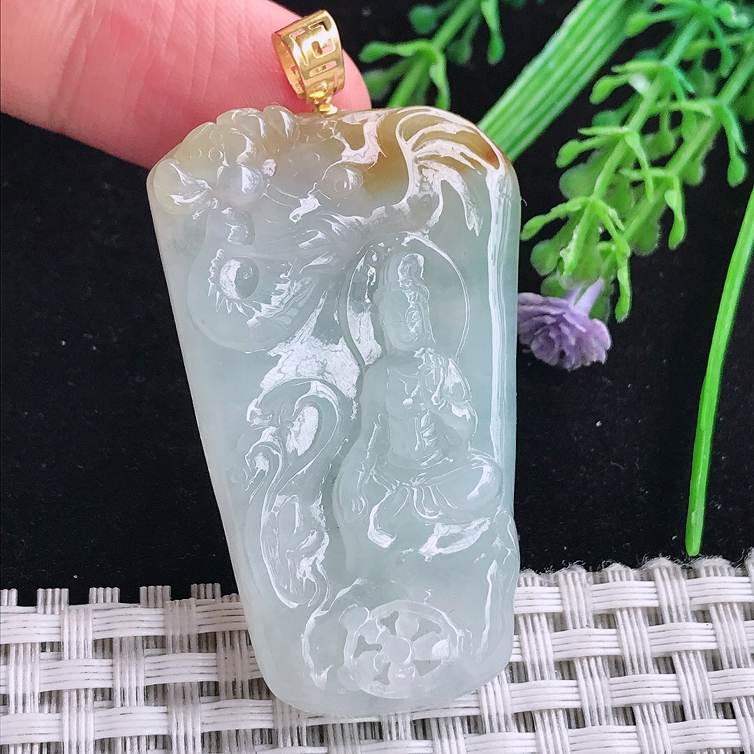 实拍A货翡翠49/30/6.3老坑18k金镶嵌冰胶黄翡普贤菩萨吊坠翡翠玉牌挂件