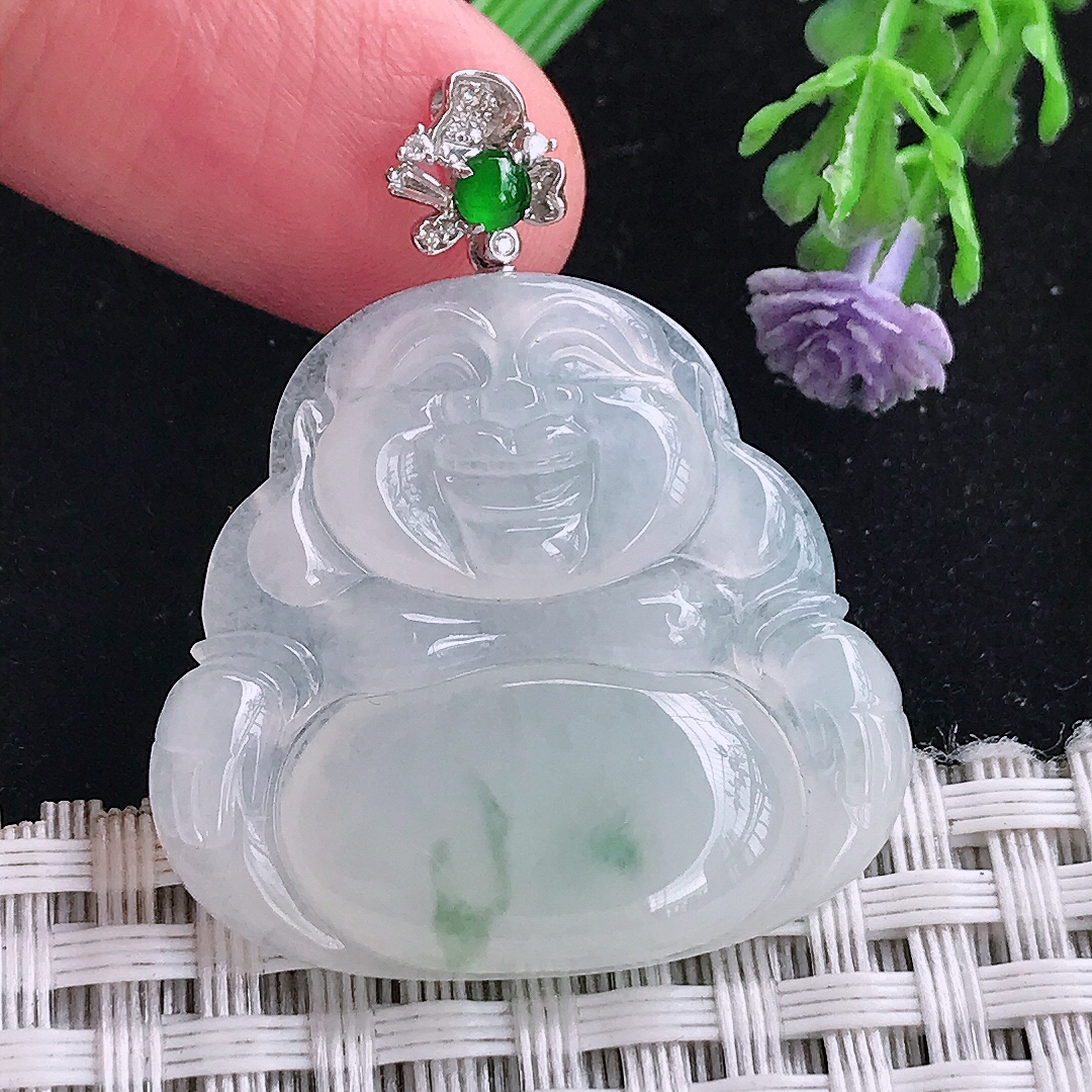 实拍A货翡翠29.5/31/5.3老坑18k金镶嵌冰胶飘花佛公吊坠翡翠玉牌挂件