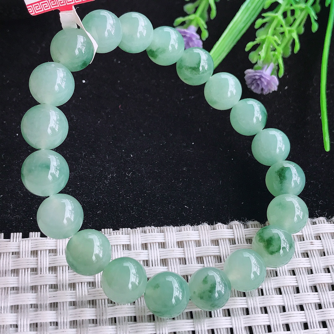 实拍A货翡翠9.5/20颗老坑冰胶冰晴飘花圆珠手链吊坠翡翠玉珠珠链
