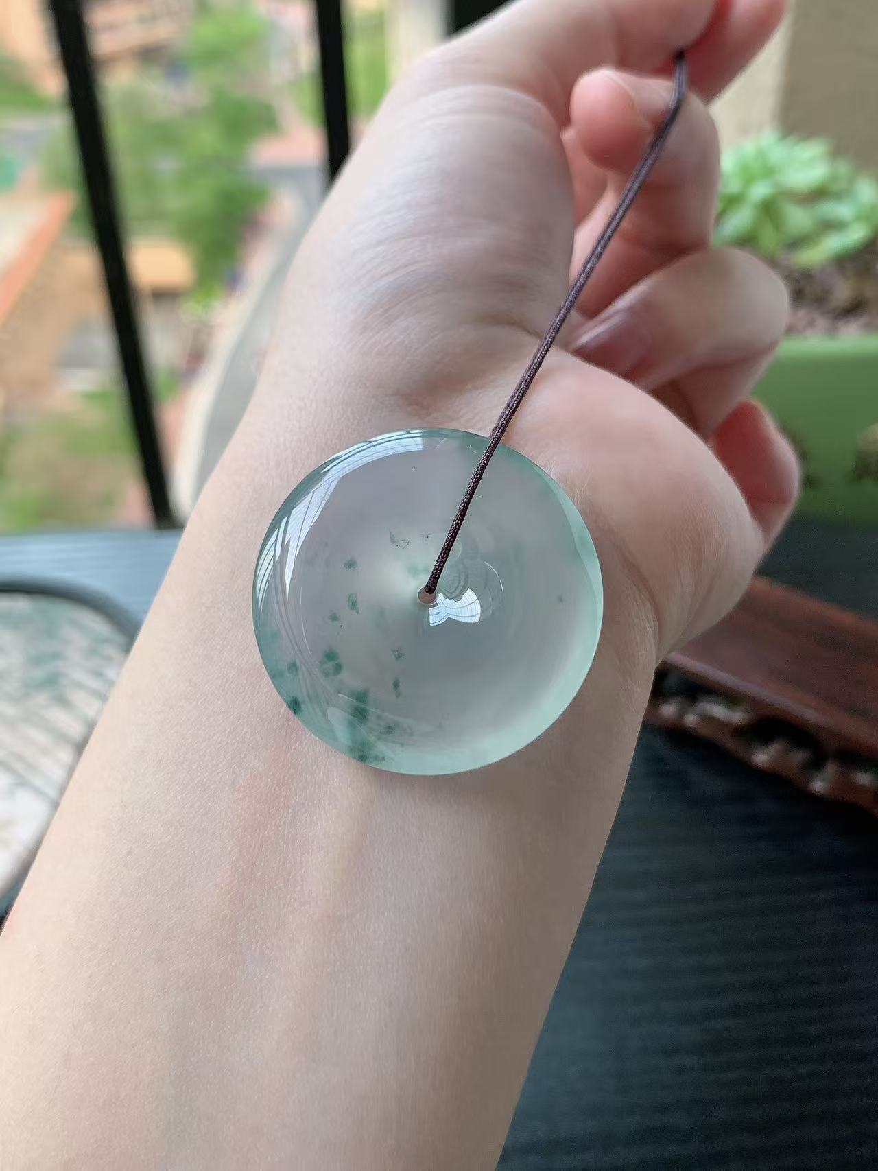 老坑冰种胶感飘蓝花起刚性平安扣吊坠,裸石尺寸:34.8-6.8mm