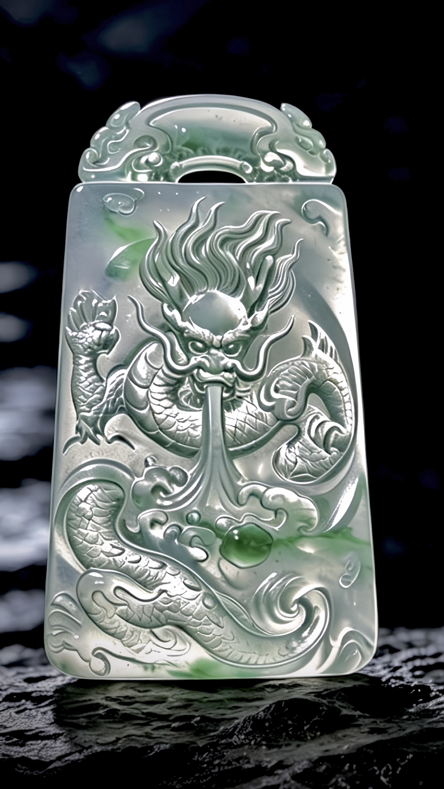 【龙腾四海】，飘花龙牌，
经鼎玉雕艺术作品，
55.5-32.5-7mm，25.35g