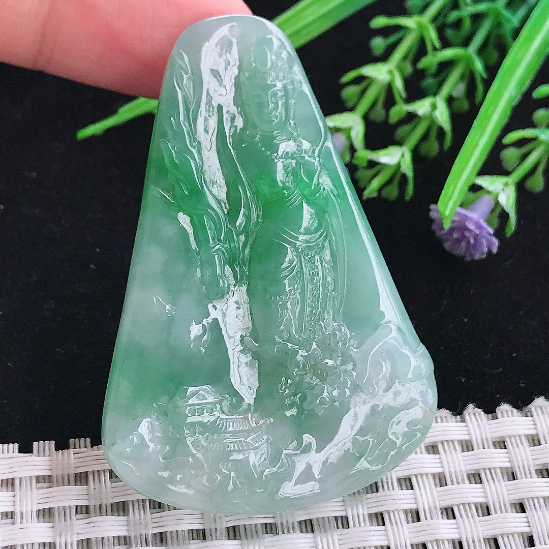 实拍A货翡翠57/39/7.3老坑冰胶飘阳绿山水观音吊坠翡翠玉挂件