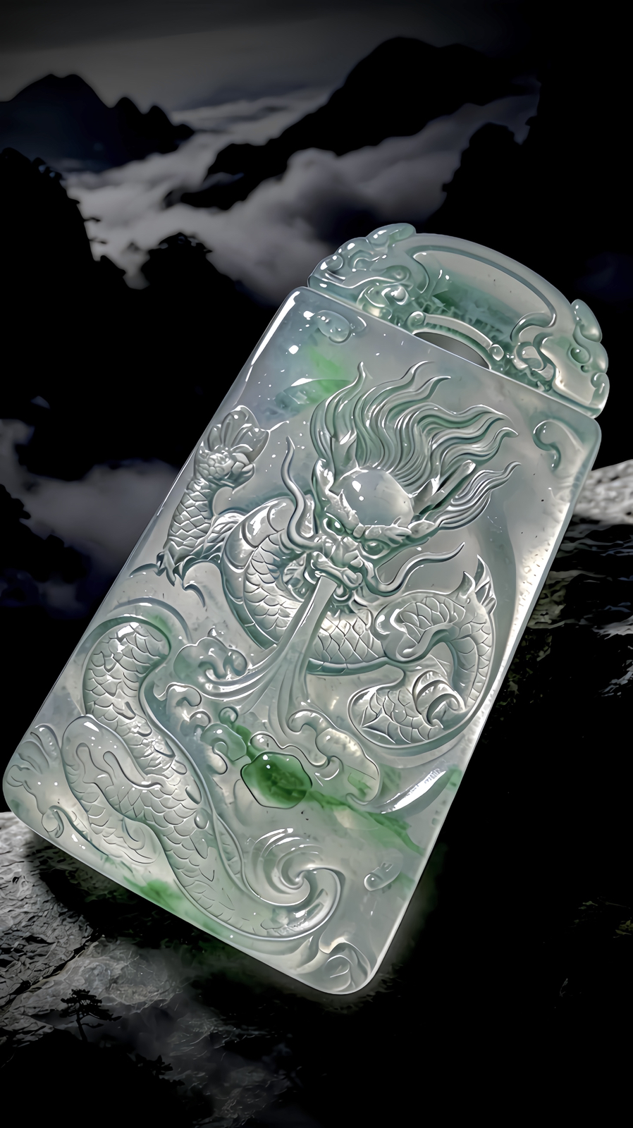 【龙腾四海】，飘花龙牌，
经鼎玉雕艺术作品，
55.5-32.5-7mm，25.35g
