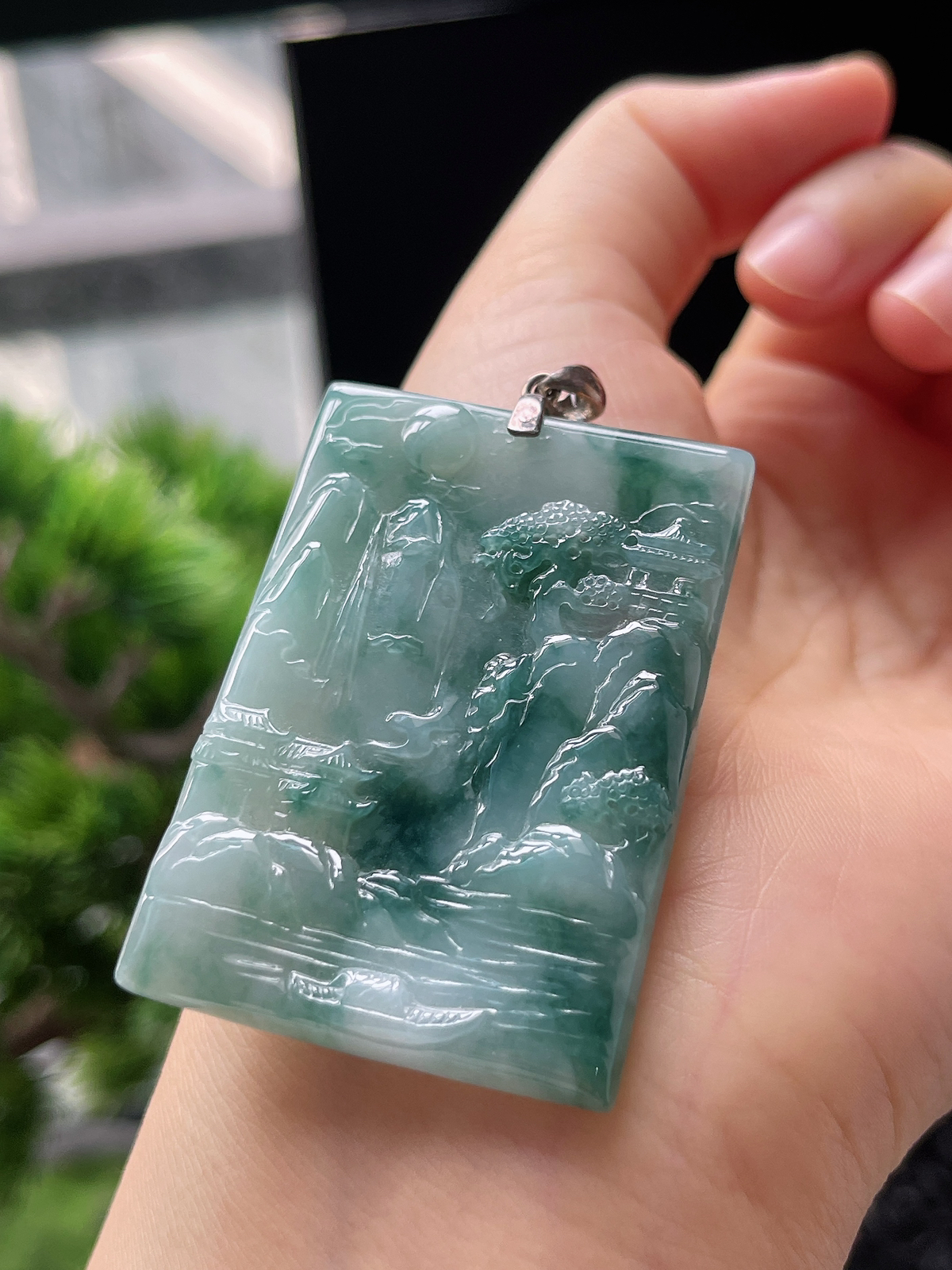 翡翠糯化种蓝花山水牌
