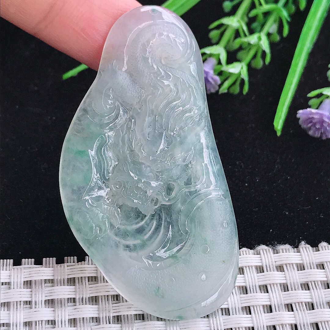 实拍A货翡翠61/32/5.5老坑冰种起胶龙牌吊坠翡翠玉挂件
