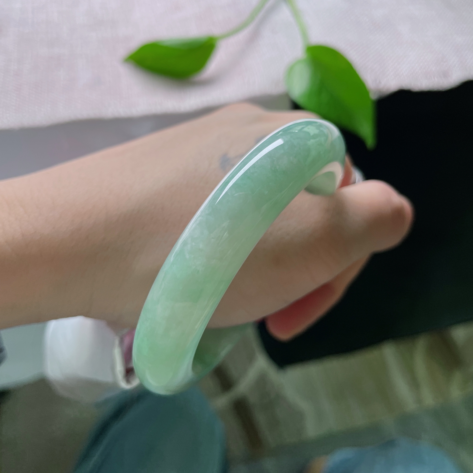 54.8/12.4/8.6，绿底正圈，水润细腻，种老，不与群芳争艳丽，独留雅韵绕腕摇。皮纹