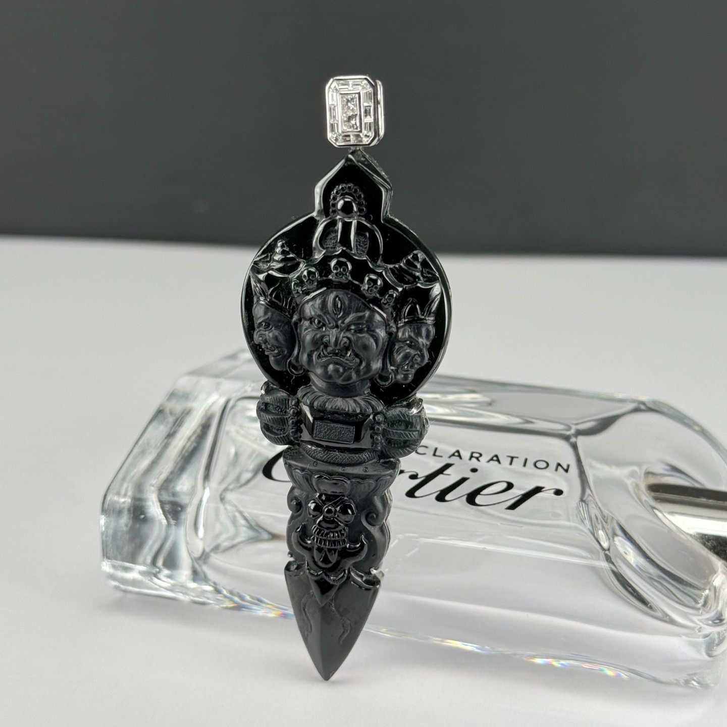 精品18k墨翠降魔杵 种好色正 黑度极好 打灯通透 油性十足  尺寸83.3