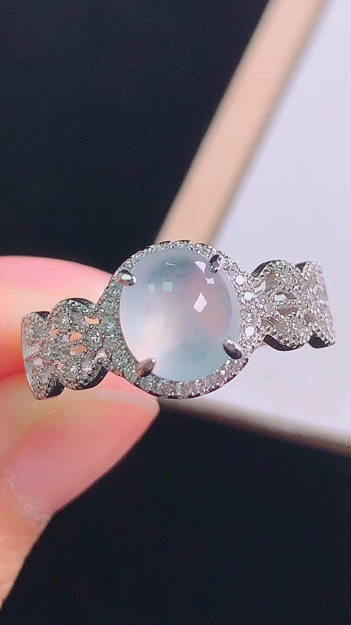 银镶冰透蛋面戒指，无裂，尺寸:圈口16/18.9-9.7-6.1/裸石7.9-7.2-2.2mm 1