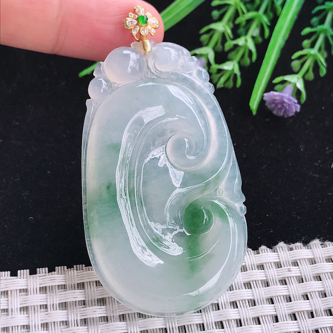 实拍A货翡翠60.5/36.7/5.8老坑18k金镶嵌冰飘花大如意吊坠翡翠玉挂件