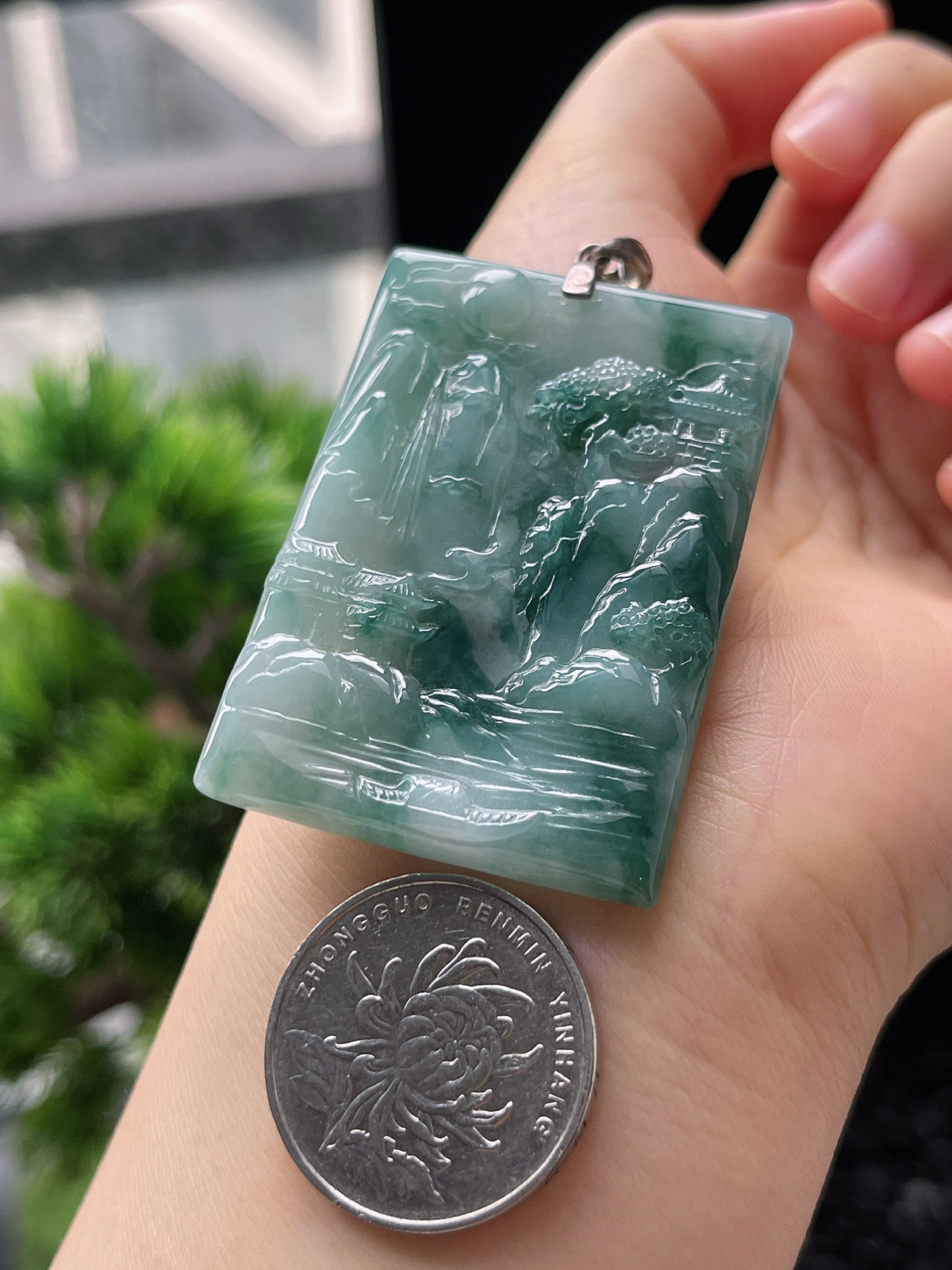 翡翠糯化种蓝花山水牌