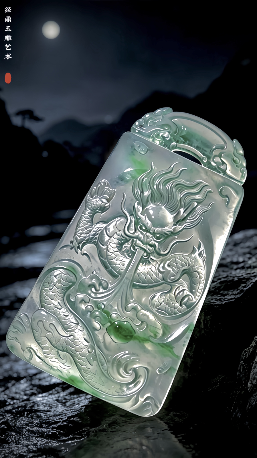 【龙腾四海】，飘花龙牌，
经鼎玉雕艺术作品，
55.5-32.5-7mm，25.35g