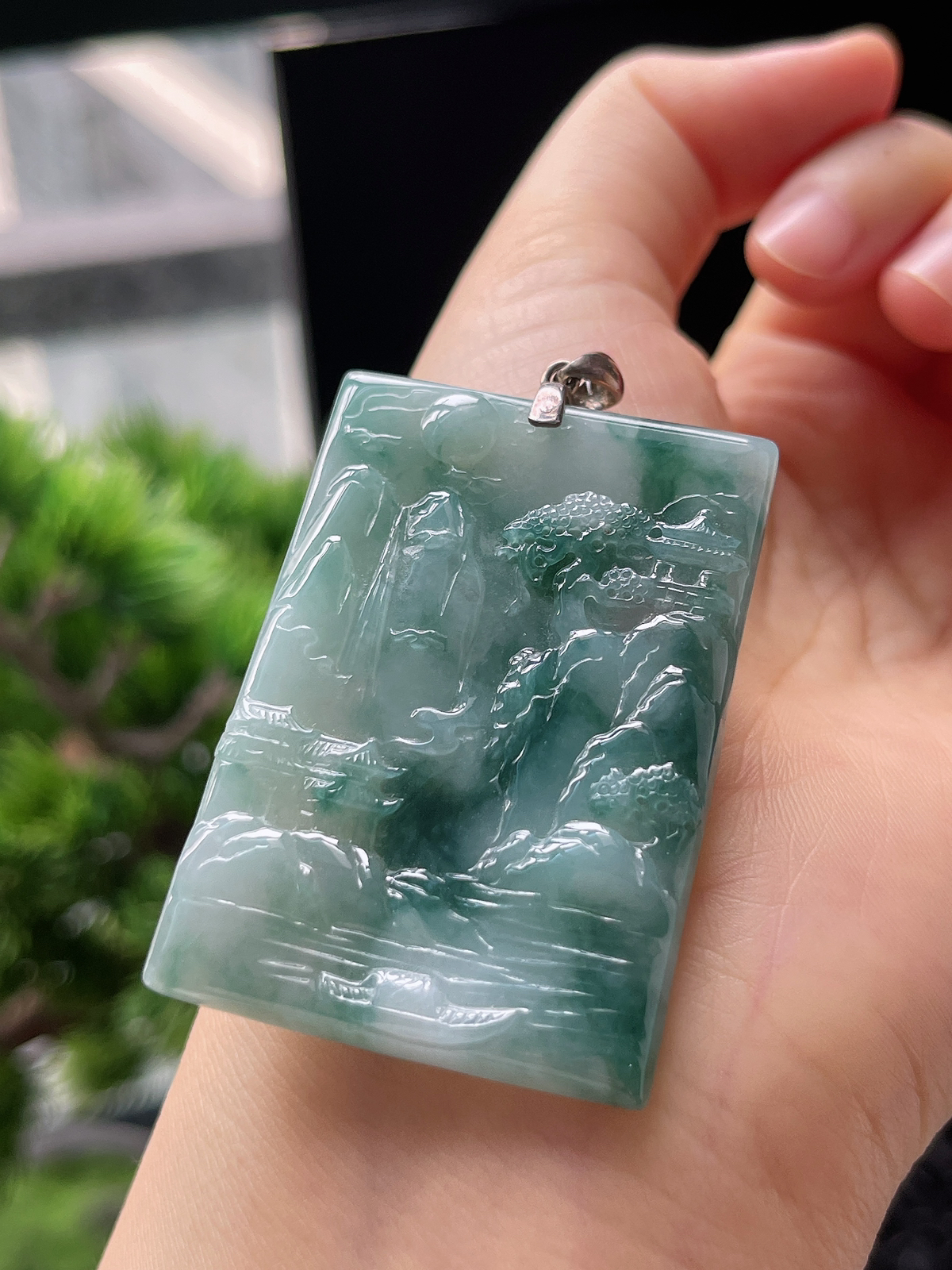 翡翠糯化种蓝花山水牌