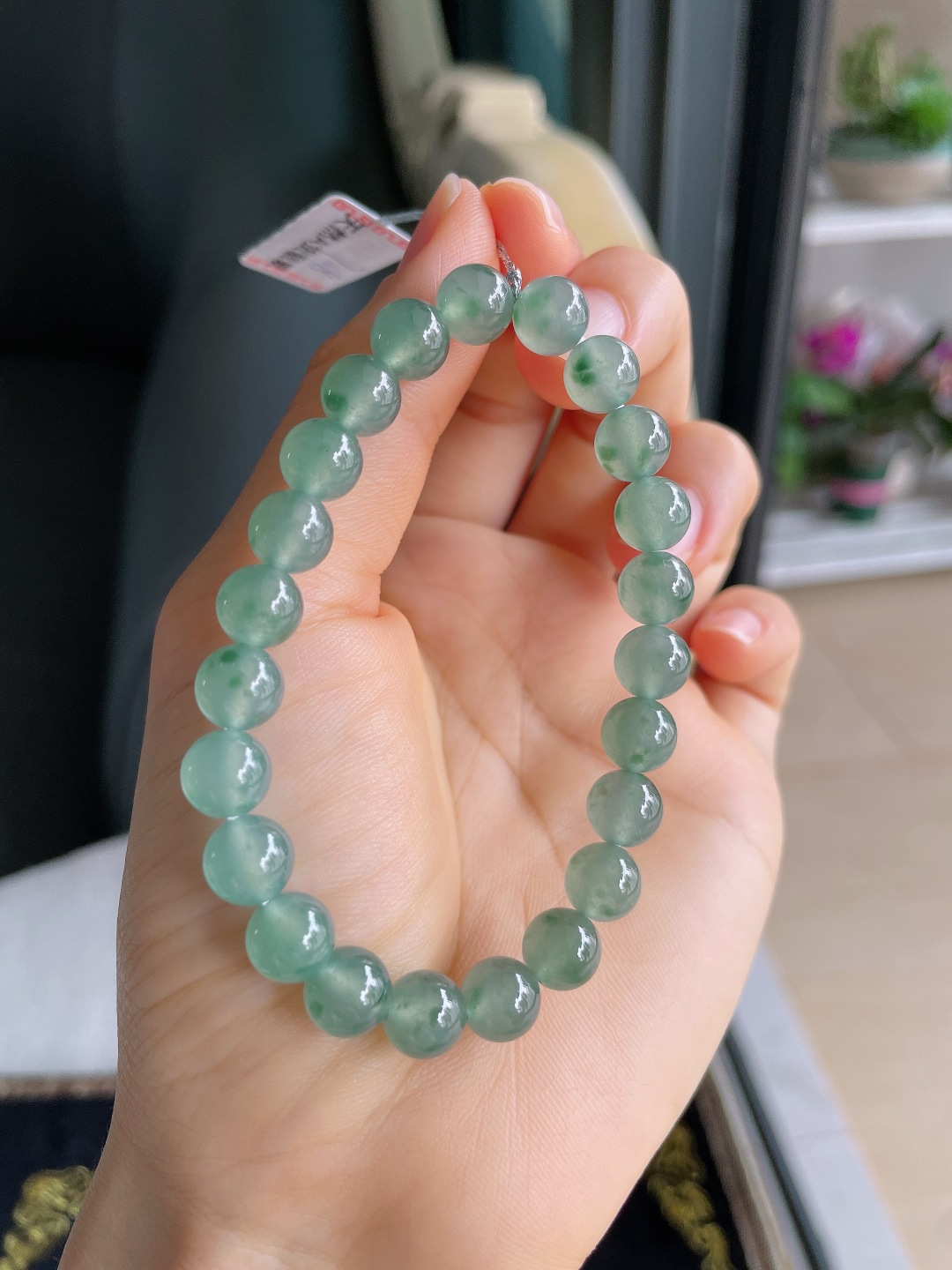 天然翡翠A货，冰飘花手串，尺寸：7.8mm。【编4223】
