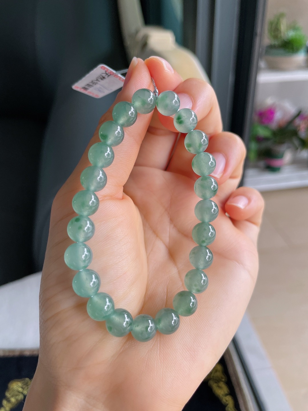 天然翡翠A货，冰飘花手串，尺寸：7.8mm。【编4223】