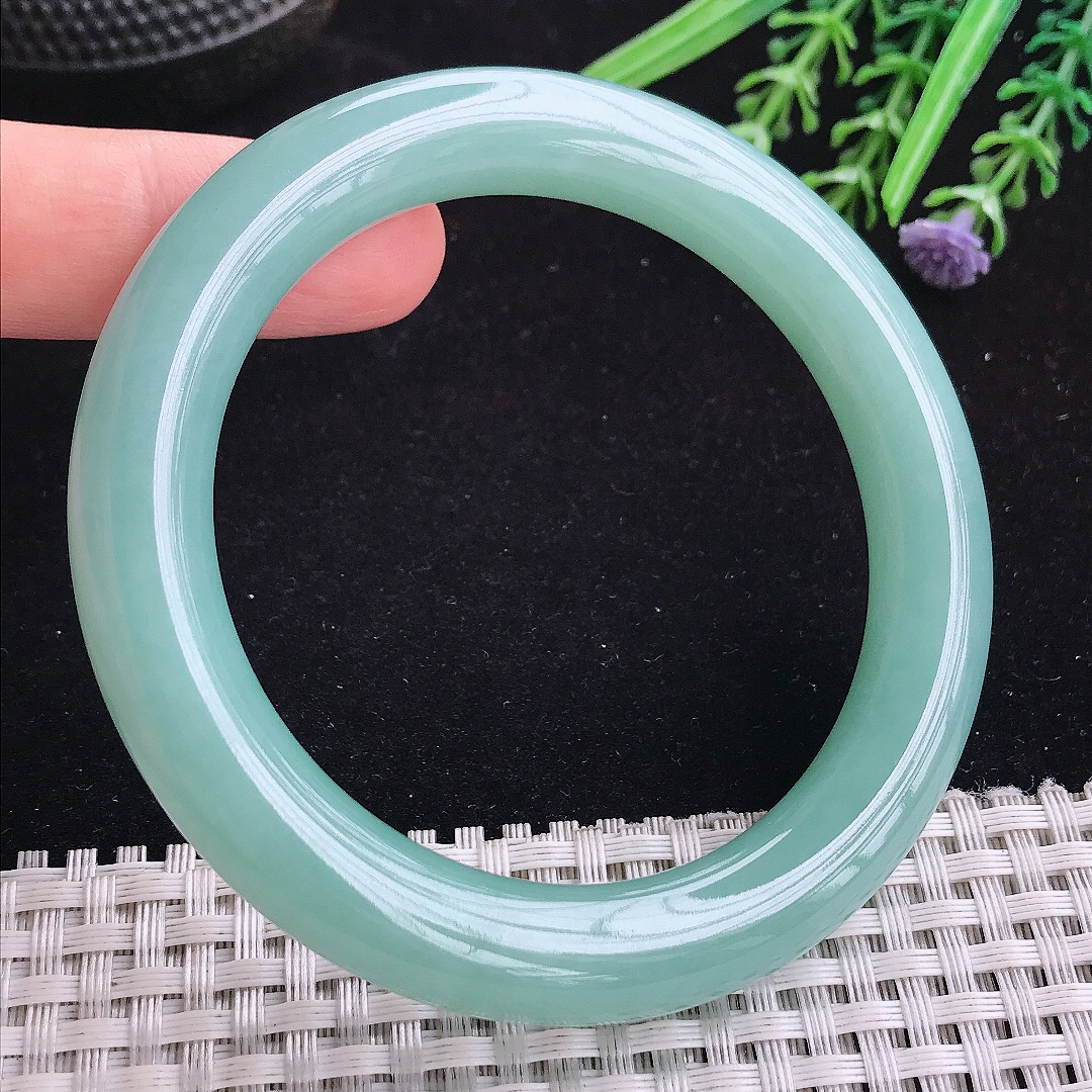 实拍A货翡翠58.8/10.5/10.8平安镯老坑冰润满色天空蓝圆条手镯宽边玉手镯