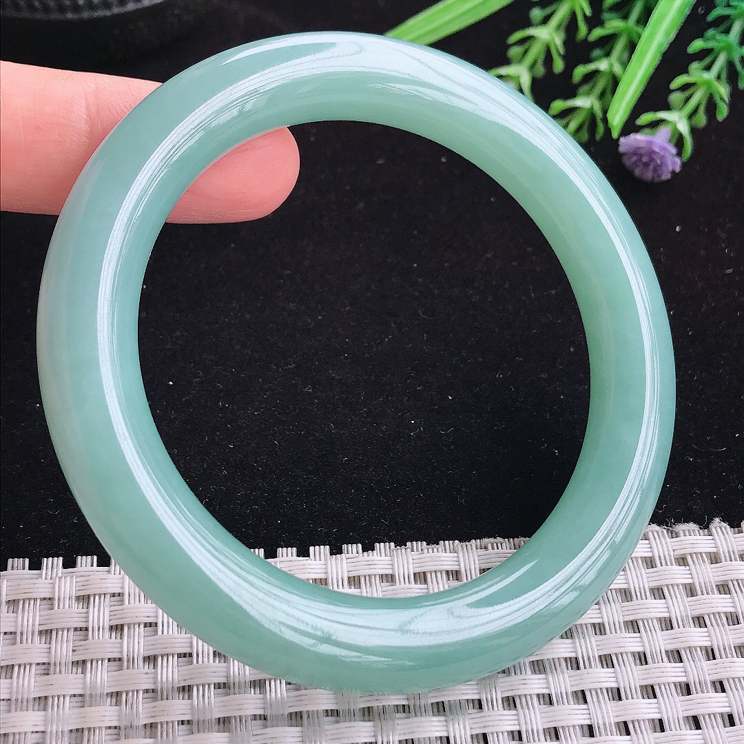 实拍A货翡翠58.8/10.5/10.8平安镯老坑冰润满色天空蓝圆条手镯宽边玉手镯