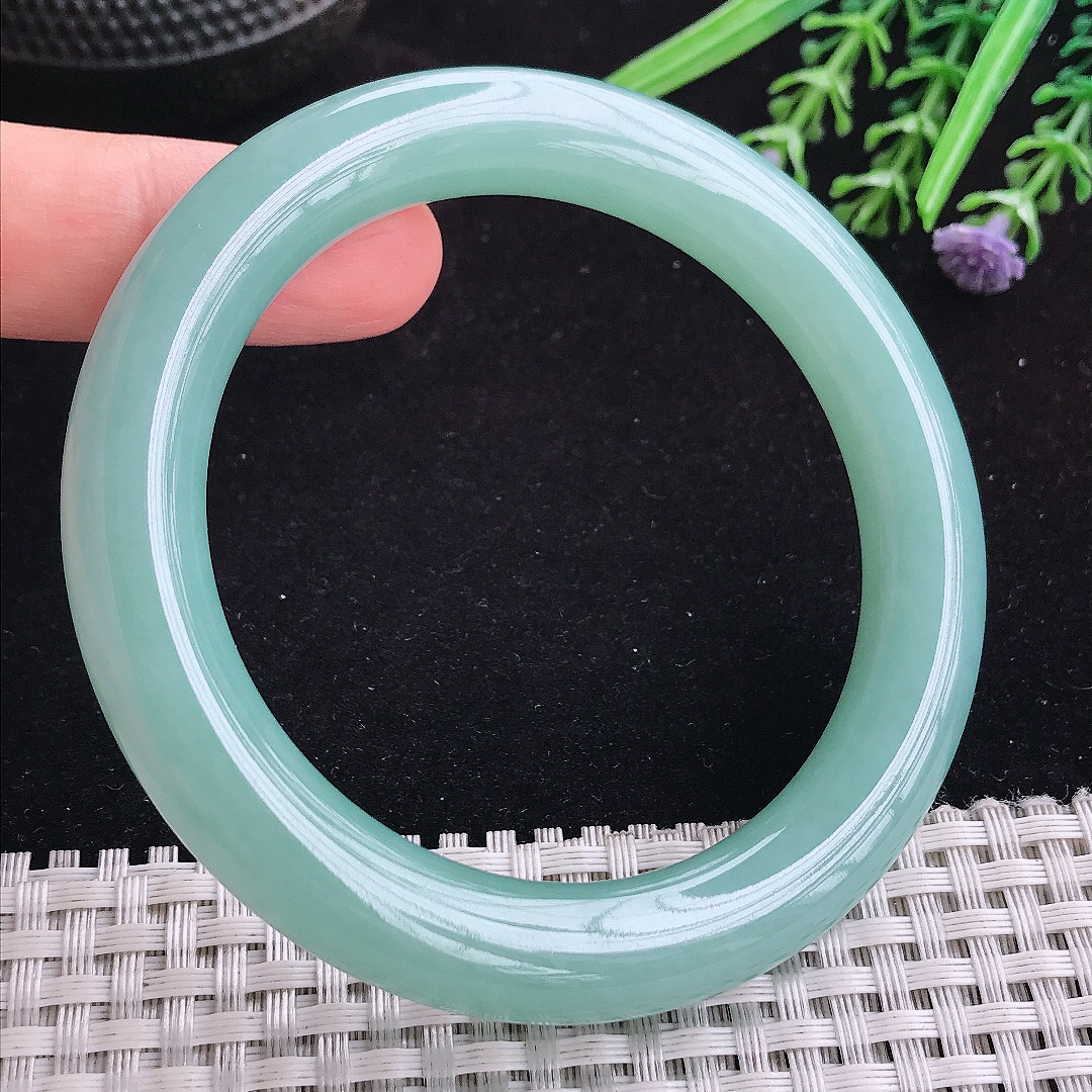 实拍A货翡翠58.8/10.5/10.8平安镯老坑冰润满色天空蓝圆条手镯宽边玉手镯