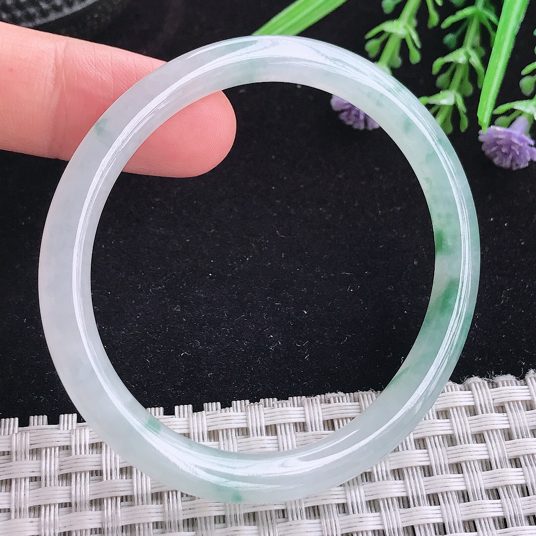 实拍A货翡翠54/48/6.2/6.7平安镯老坑冰胶冰飘花贵妃手镯叮当手镯