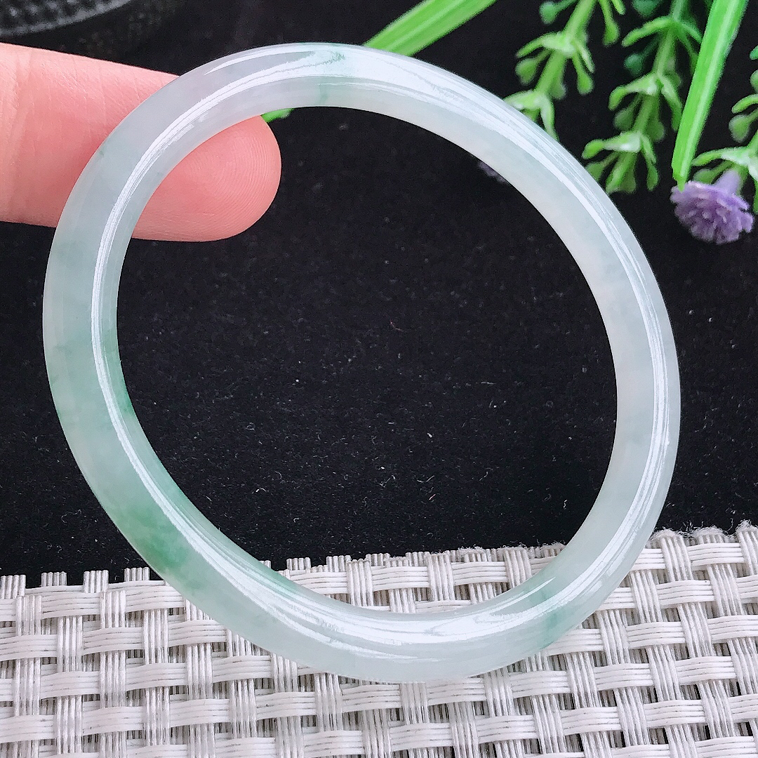 实拍A货翡翠54/48/6.2/6.7平安镯老坑冰胶冰飘花贵妃手镯叮当手镯