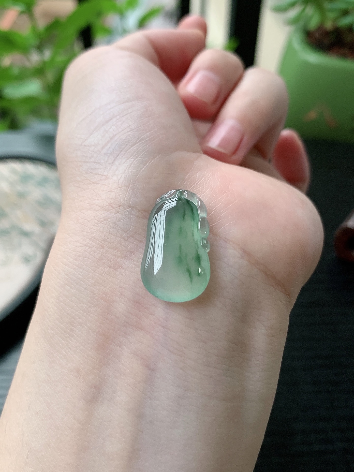 老坑冰种胶感飘蓝花福瓜吊坠,裸石尺寸:23-13.5-5mm