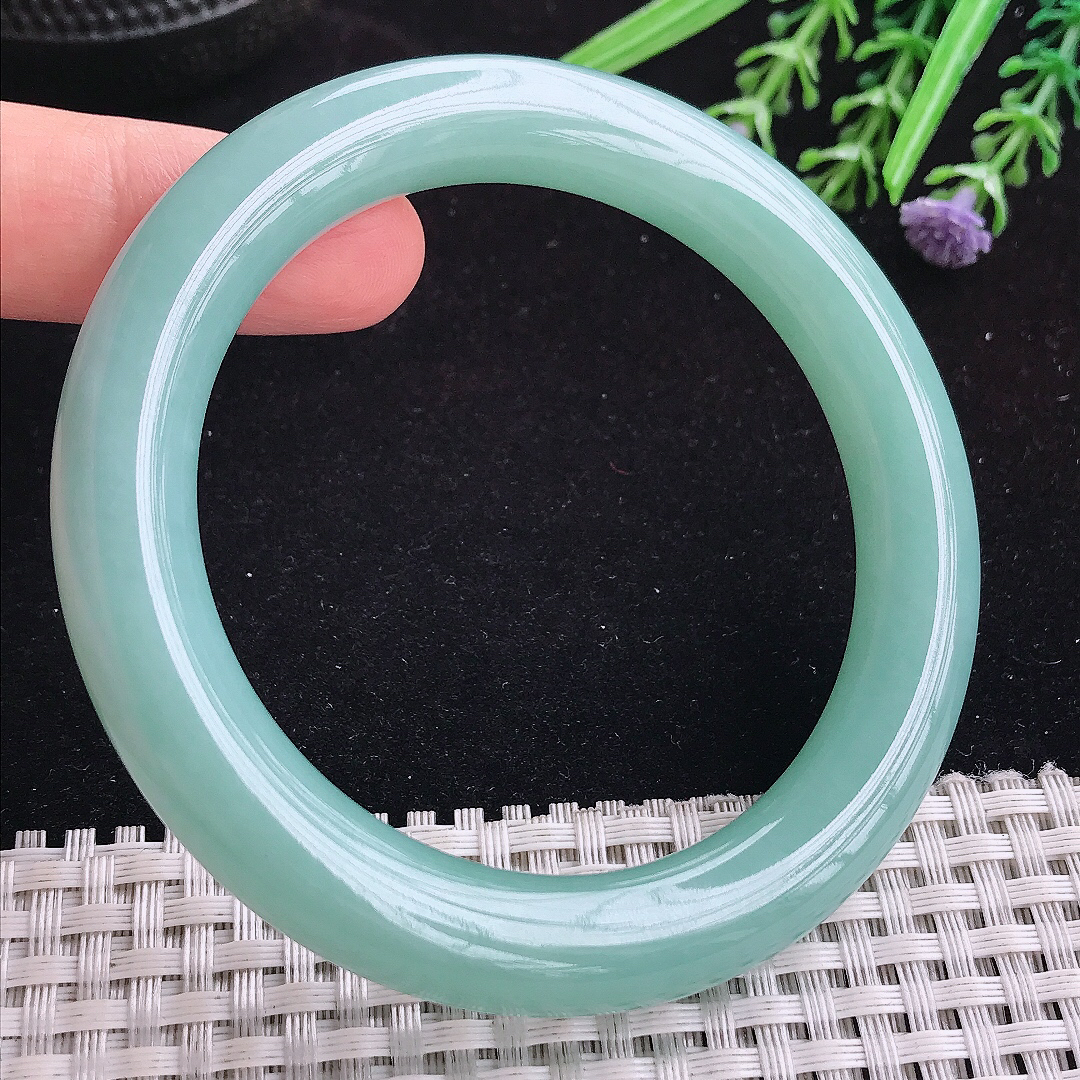 实拍A货翡翠58.8/10.5/10.8平安镯老坑冰润满色天空蓝圆条手镯宽边玉手镯