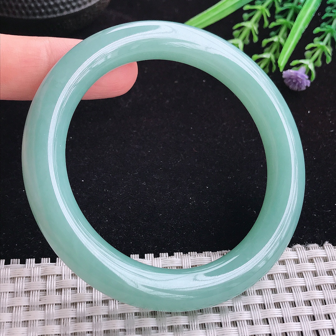 实拍A货翡翠58.8/10.5/10.8平安镯老坑冰润满色天空蓝圆条手镯宽边玉手镯