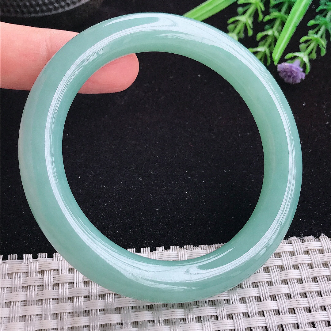 实拍A货翡翠58.8/10.5/10.8平安镯老坑冰润满色天空蓝圆条手镯宽边玉手镯