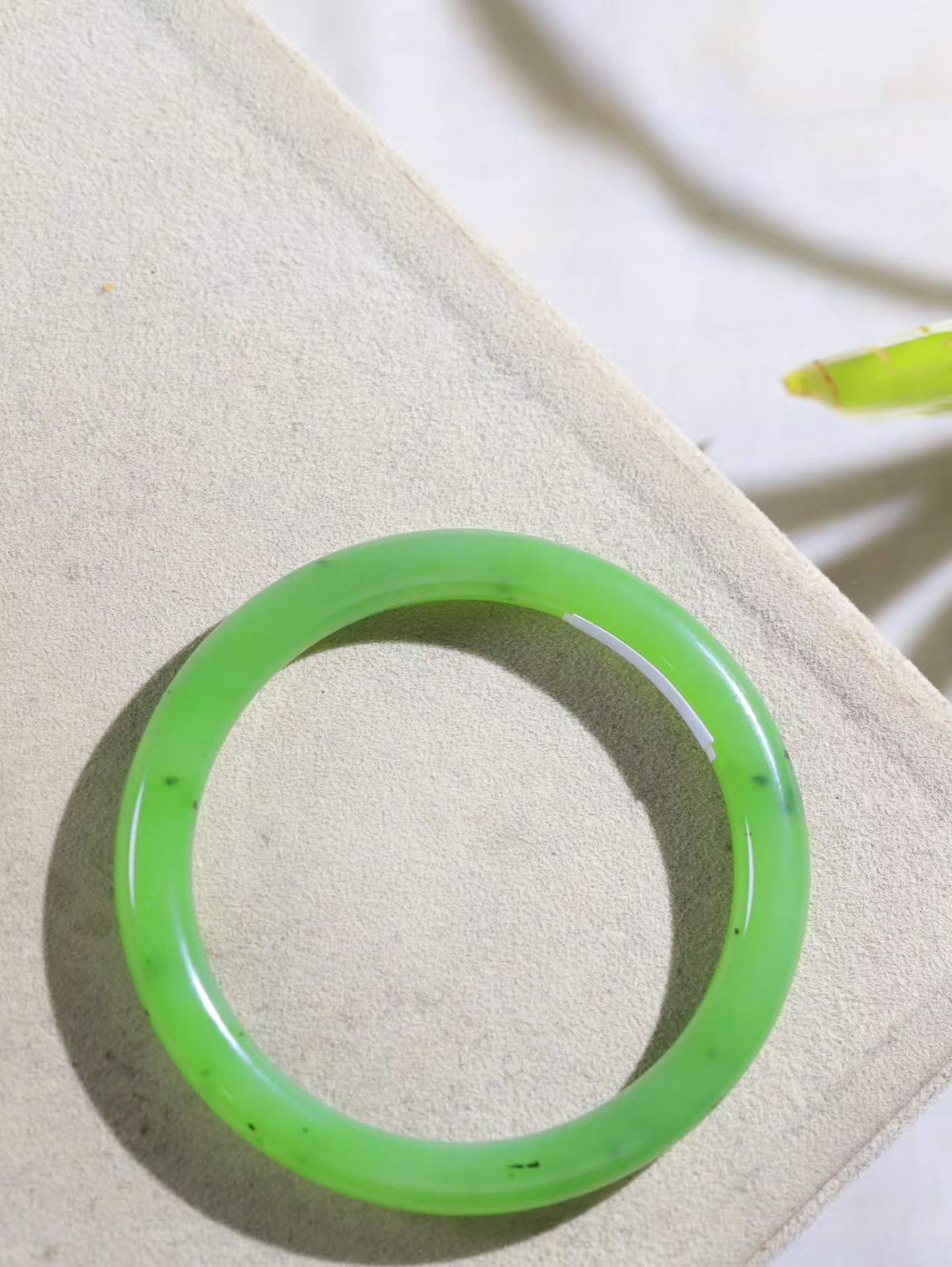 （碧色荡漾.手镯）

精品和田玉碧玉圆条手镯，灼灼其华想像靓妆淡伫 ，腕间绿意跳脱冰壶莹，坐间静对，姑射仙姿潇洒处，艳冶最奇料子油润滋腻镯型饱满，手感上佳。重27.8克   内径55.5mm尺寸7.8-8mm  24501913T