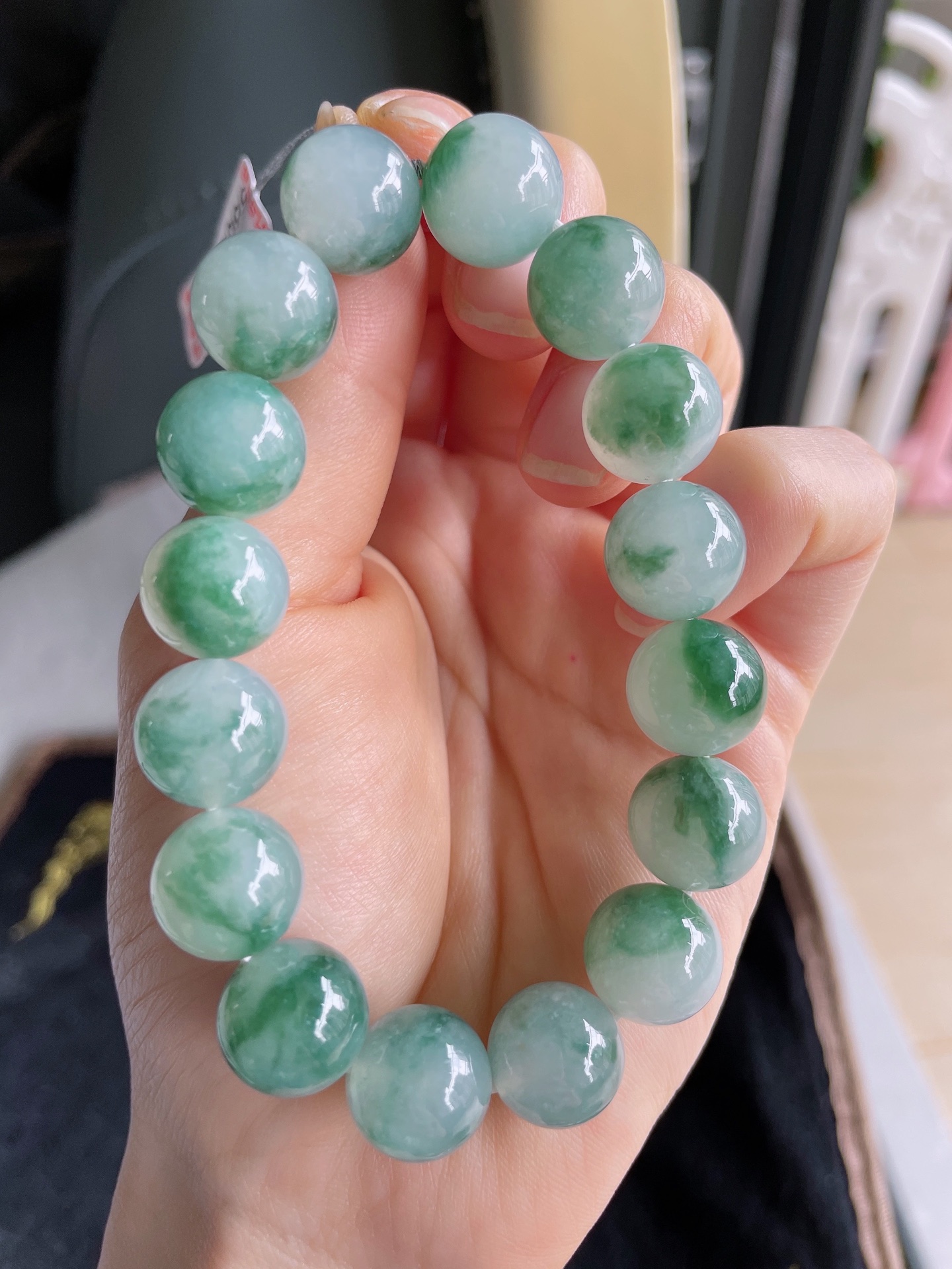 缅甸天然翡翠A货，冰飘花手串，尺寸：12.5mm