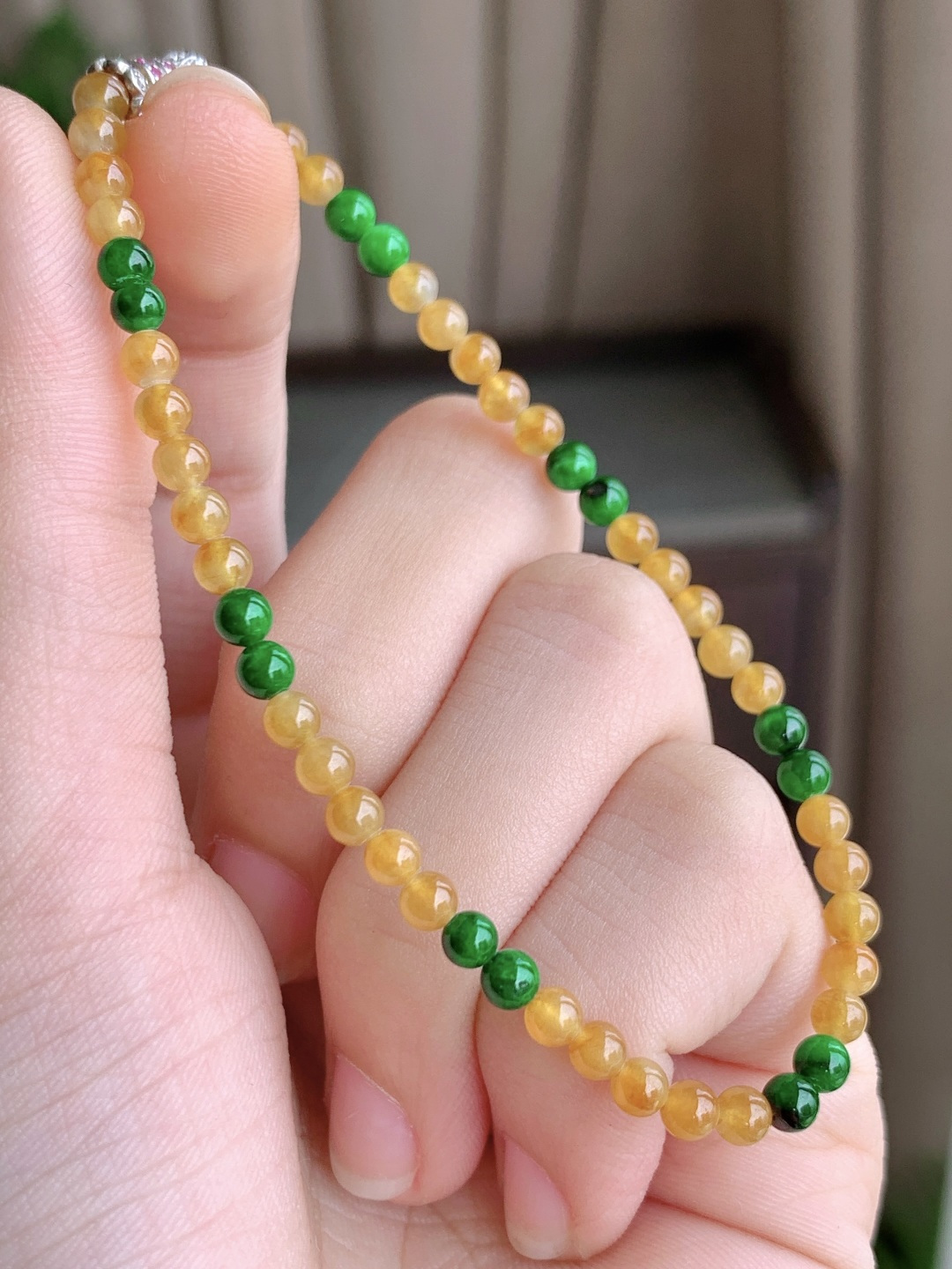 冰双彩手串黄翡圆珠子手串 缅料 性比高 尺寸3.5mm 重量4.6克