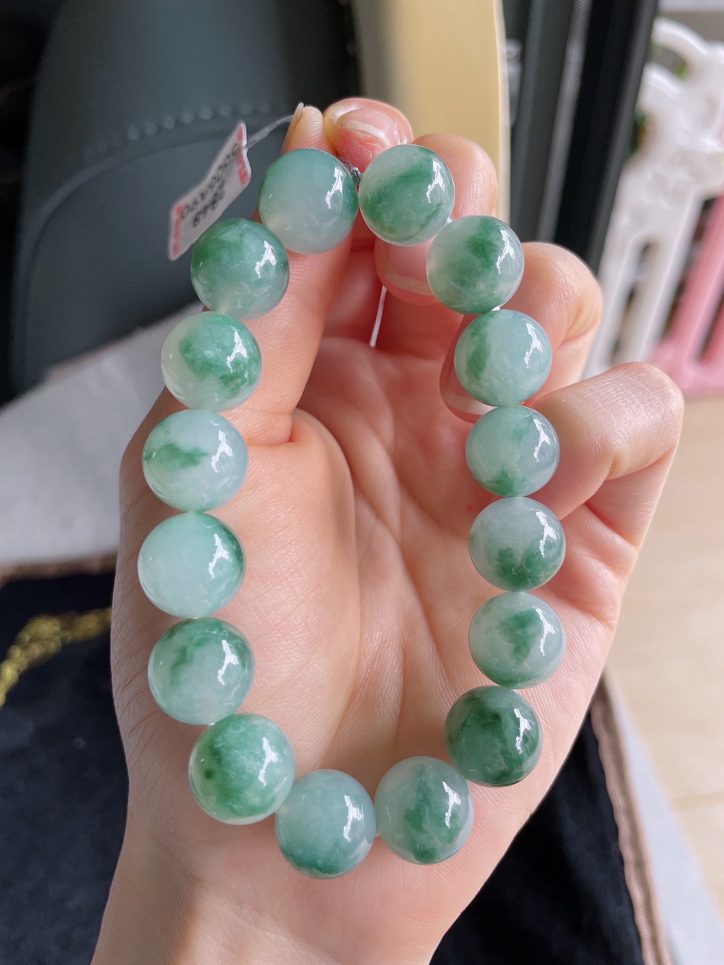 缅甸天然翡翠A货，冰飘花手串，尺寸：12.5mm