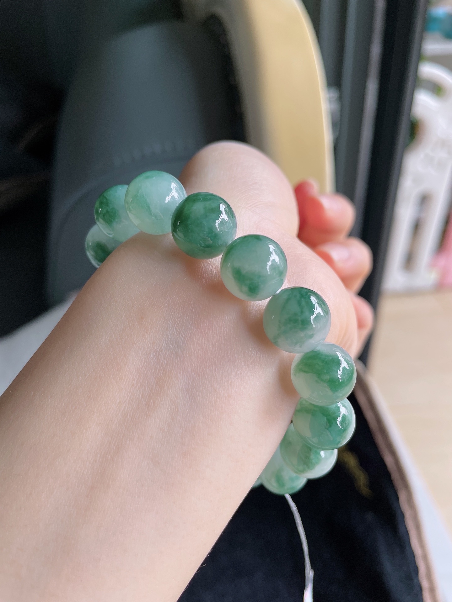 缅甸天然翡翠A货，冰飘花手串，尺寸：12.5mm