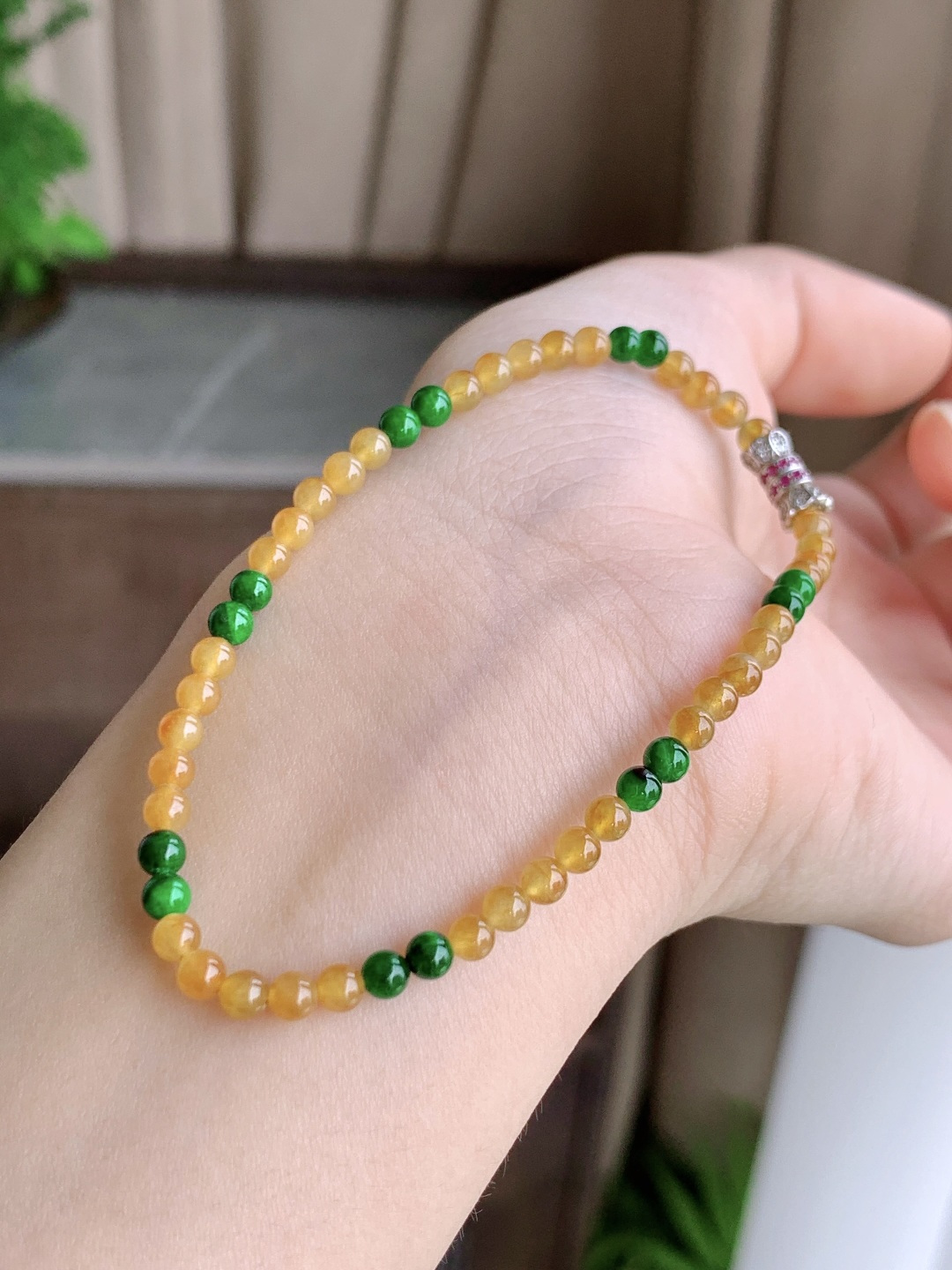 冰双彩手串黄翡圆珠子手串 缅料 性比高 尺寸3.5mm 重量4.6克