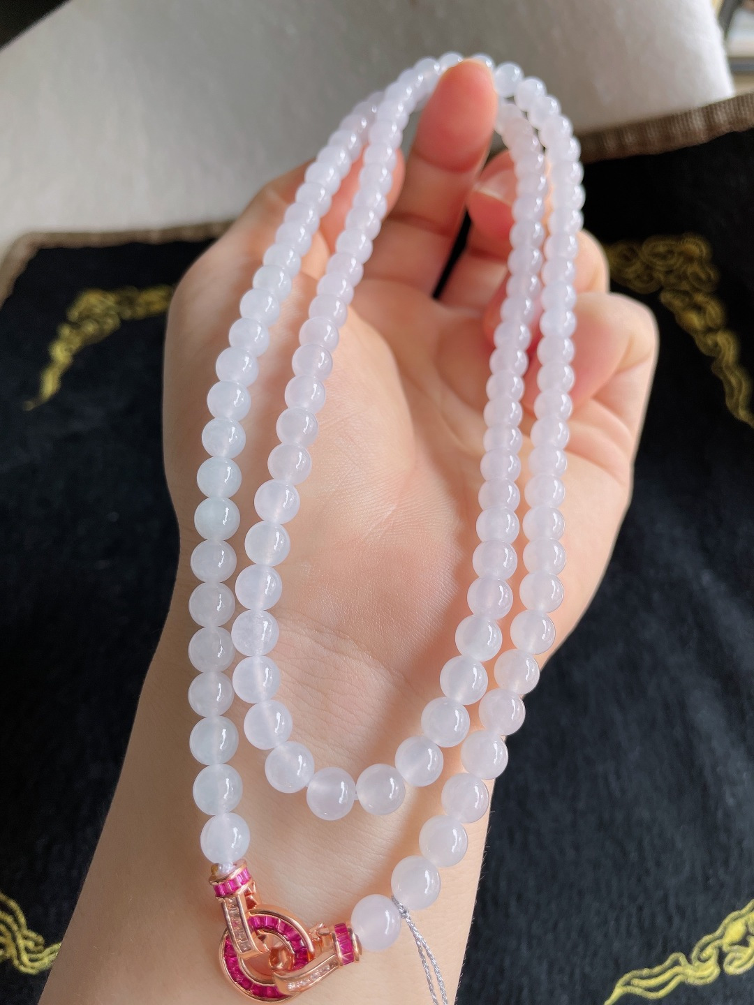 天然翡翠A货，白冰珠链，尺寸：6mm112颗。【编3519】