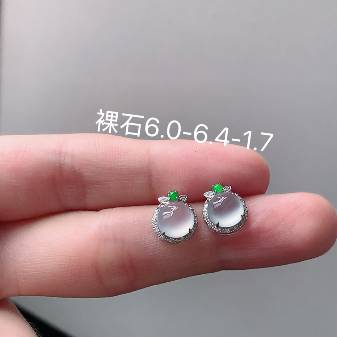 耳钉 种水好 冰润通透 上耳优雅迷人 货号25521，6.0-6.4-1.7