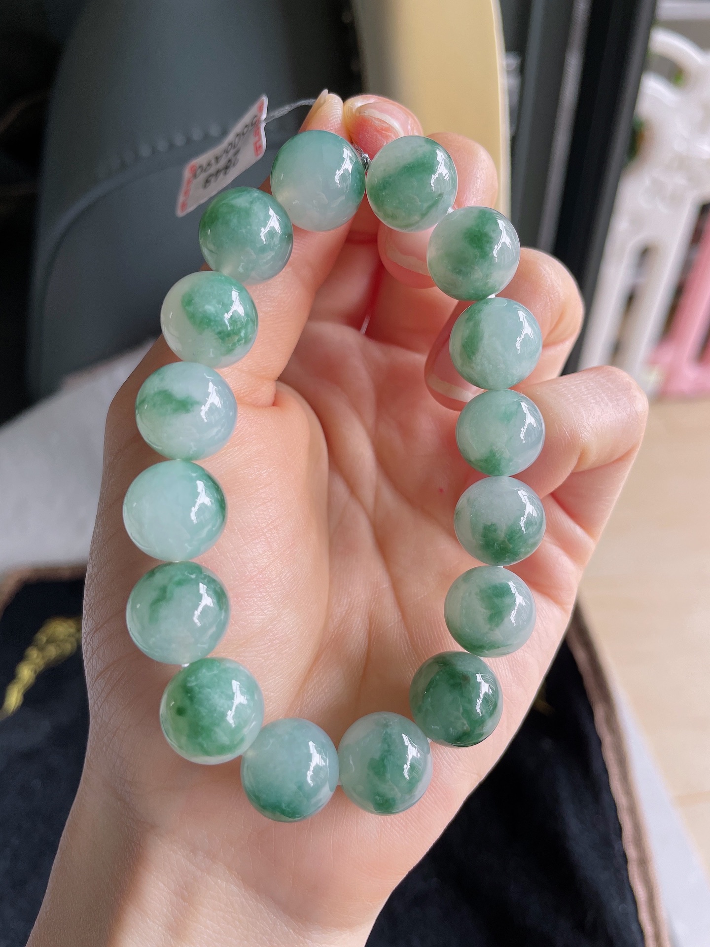 缅甸天然翡翠A货，冰飘花手串，尺寸：12.5mm