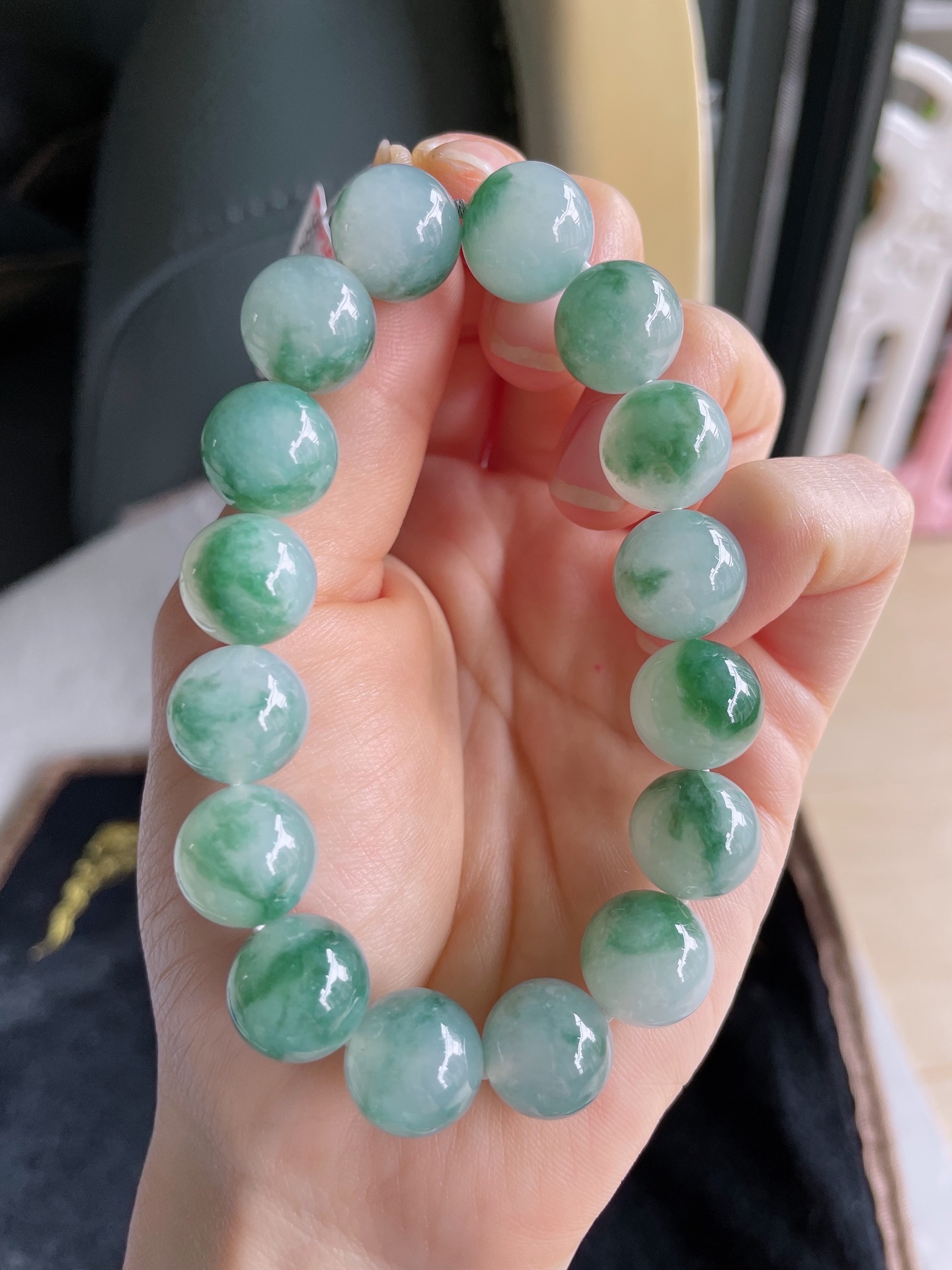 缅甸天然翡翠A货，冰飘花手串，尺寸：12.5mm