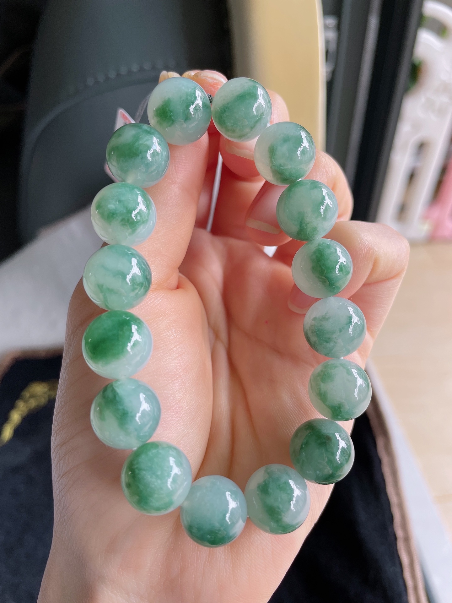 缅甸天然翡翠A货，冰飘花手串，尺寸：12.5mm