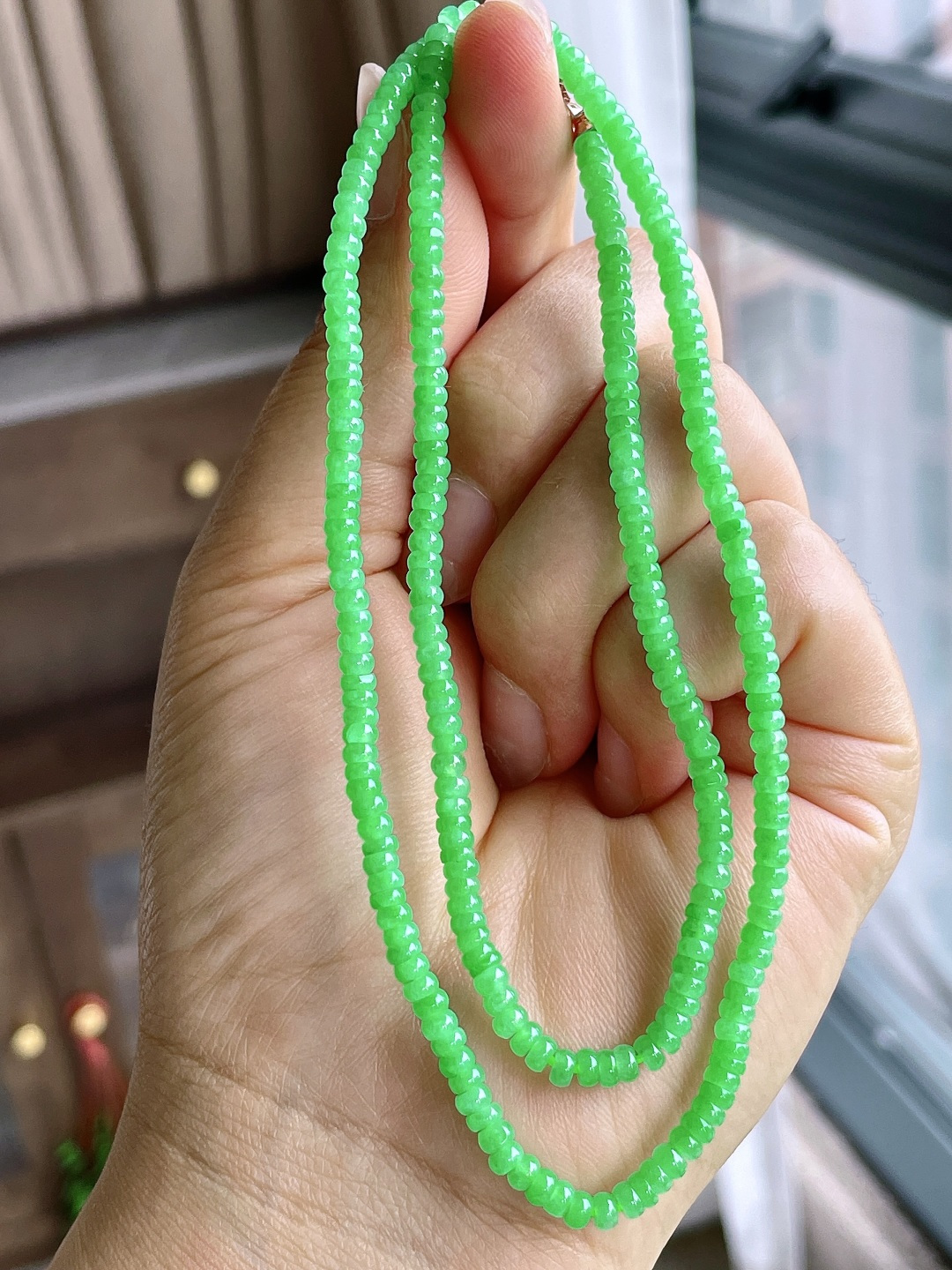 珠子冰阳绿珠链算盘珠珠子珠链说明 性比高尺寸3.5-1.5mm，26cm重量15克不议