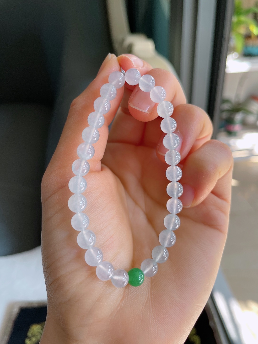 缅甸天然翡翠A货，冰种冰双彩手串，尺寸：6.2mm。【编3538】