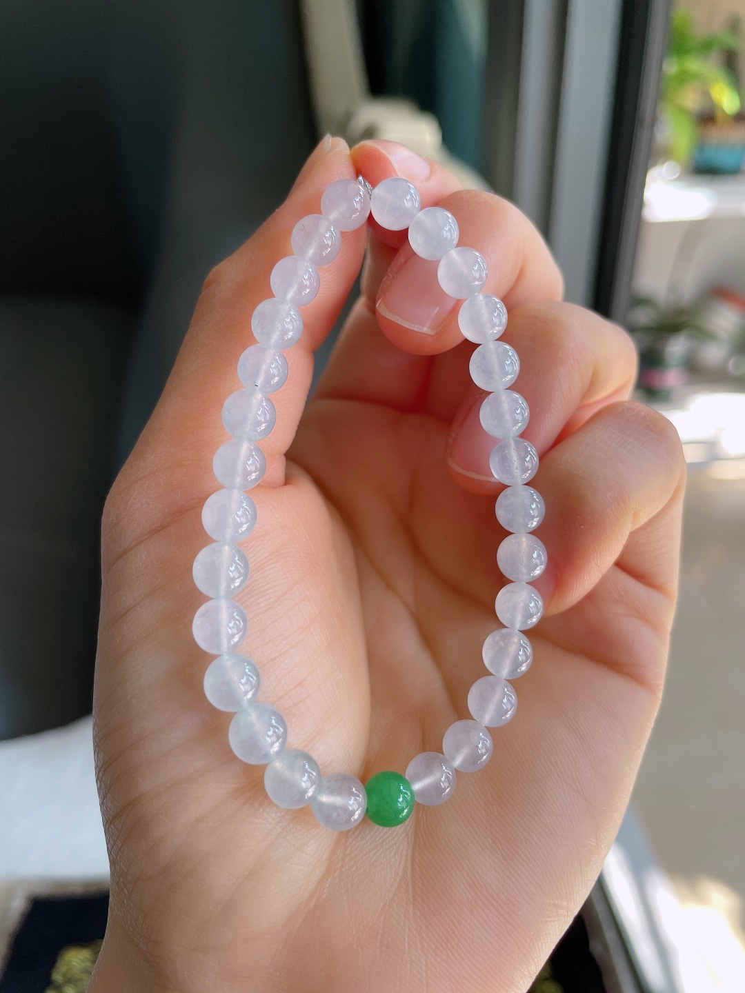 缅甸天然翡翠A货，冰种冰双彩手串，尺寸：6.2mm。【编3538】