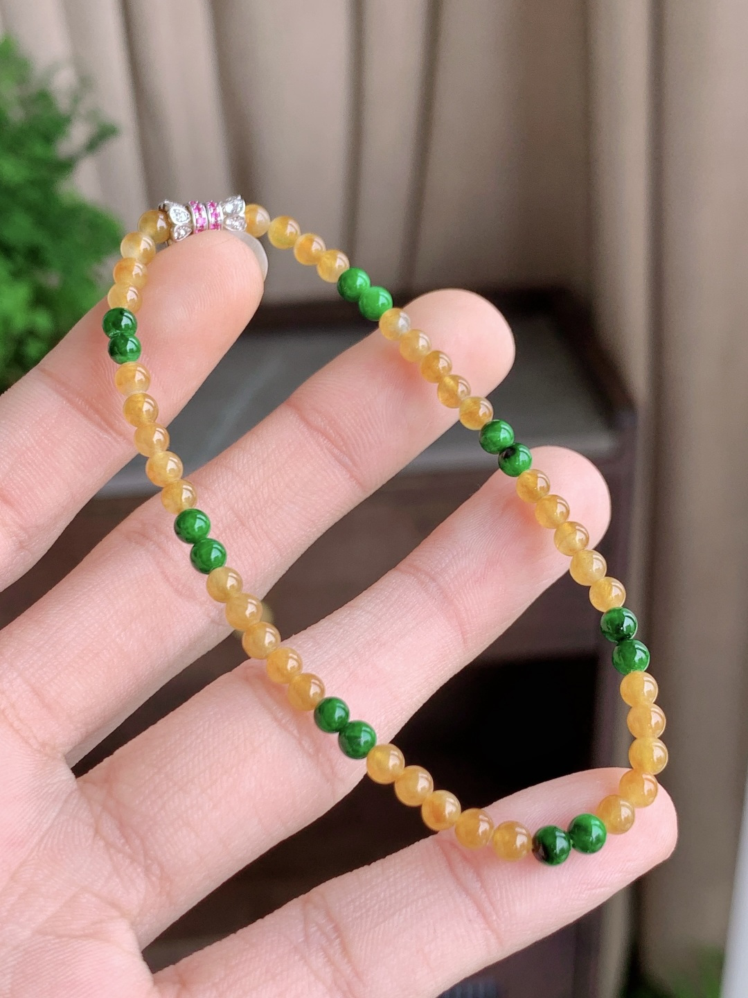 冰双彩手串黄翡圆珠子手串 缅料 性比高 尺寸3.5mm 重量4.6克
