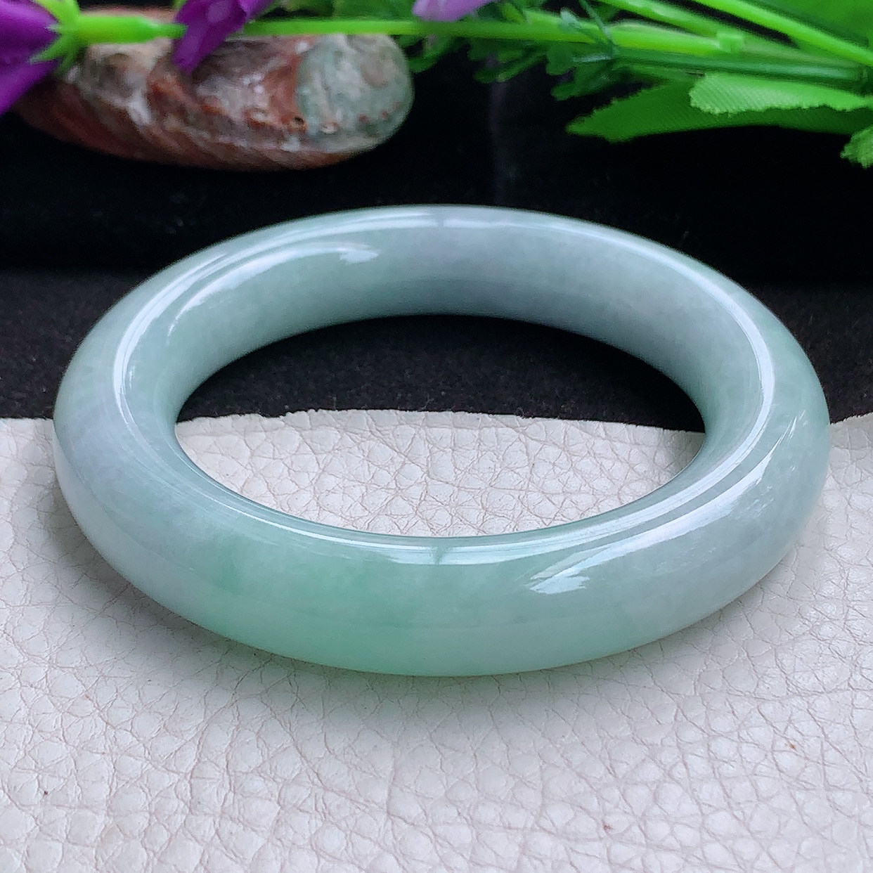 z实拍54*12.6*12.3胖圆镯 缅甸翡翠a货玉手镯 飘绿花圆条玉手环 美人镯