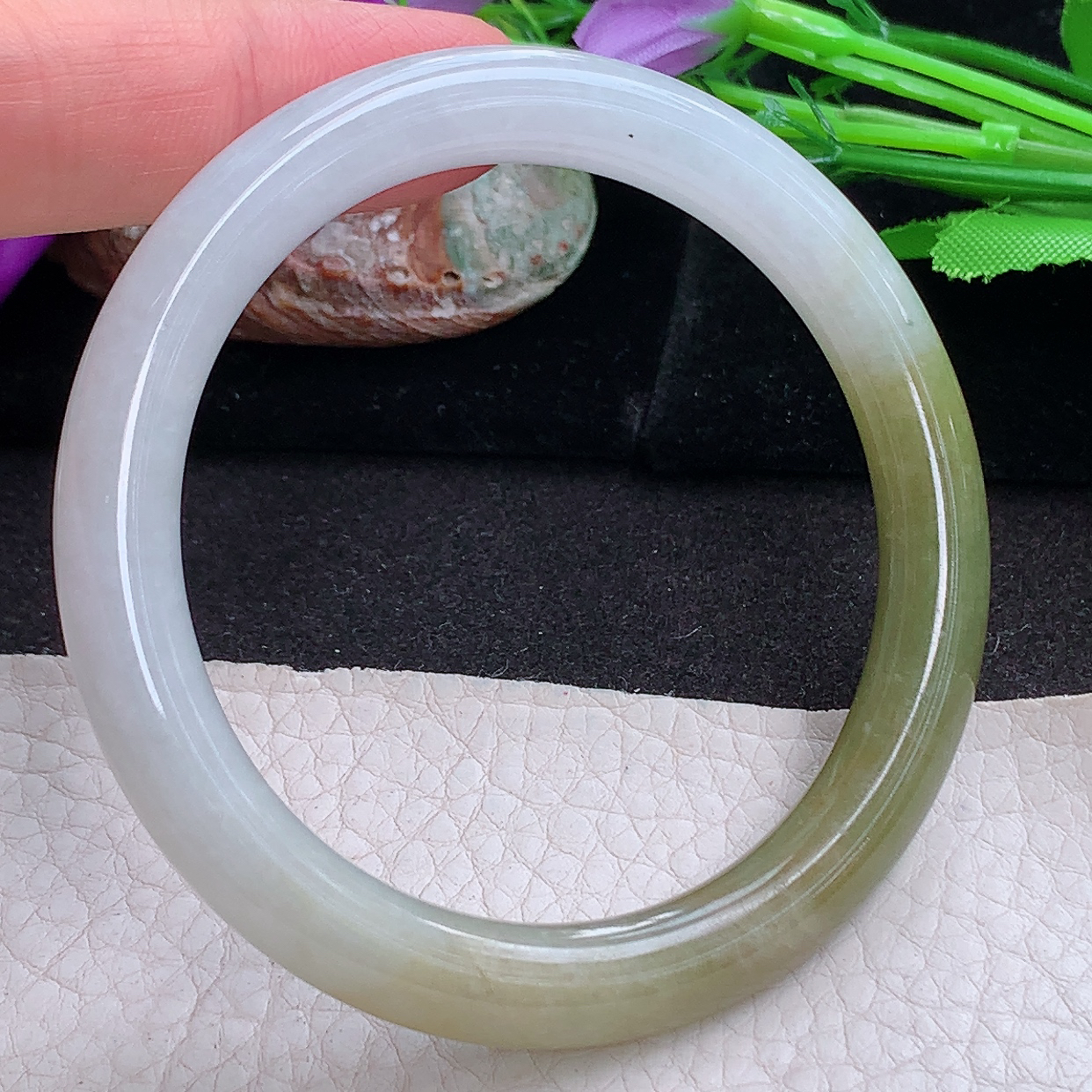 z实拍55.5*8.5招财叮当镯 缅甸翡翠a货玉手镯 半山水圆条玉手环