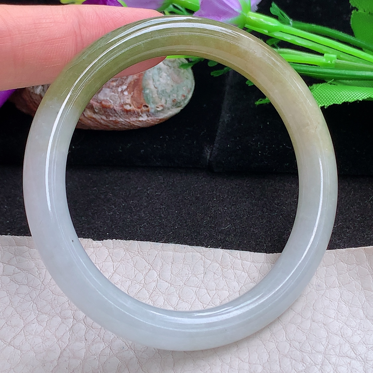 z实拍55.5*8.5招财叮当镯 缅甸翡翠a货玉手镯 半山水圆条玉手环