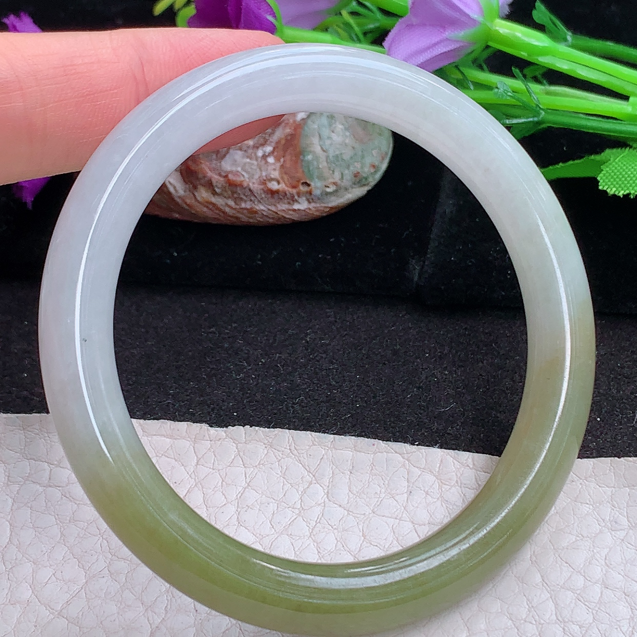 z实拍55.5*8.5招财叮当镯 缅甸翡翠a货玉手镯 半山水圆条玉手环