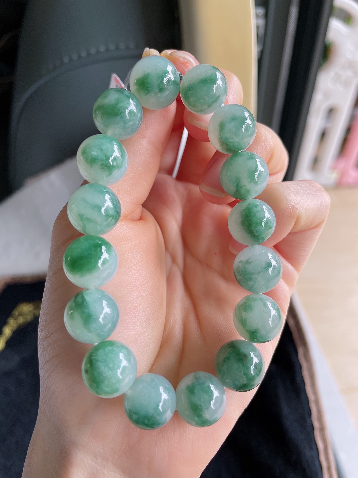 缅甸天然翡翠A货，冰飘花手串，尺寸：12.5mm