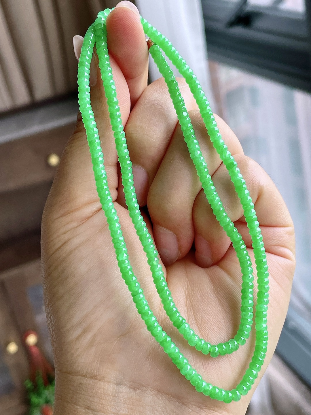 珠子冰阳绿珠链算盘珠珠子珠链说明 性比高尺寸3.5-1.5mm，26cm重量15克不议