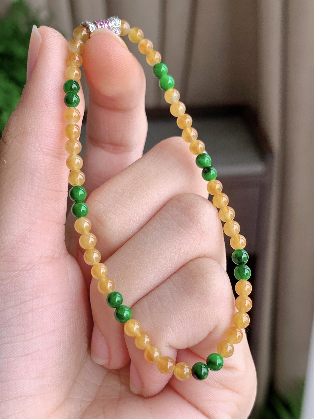 冰双彩手串黄翡圆珠子手串 缅料 性比高 尺寸3.5mm 重量4.6克