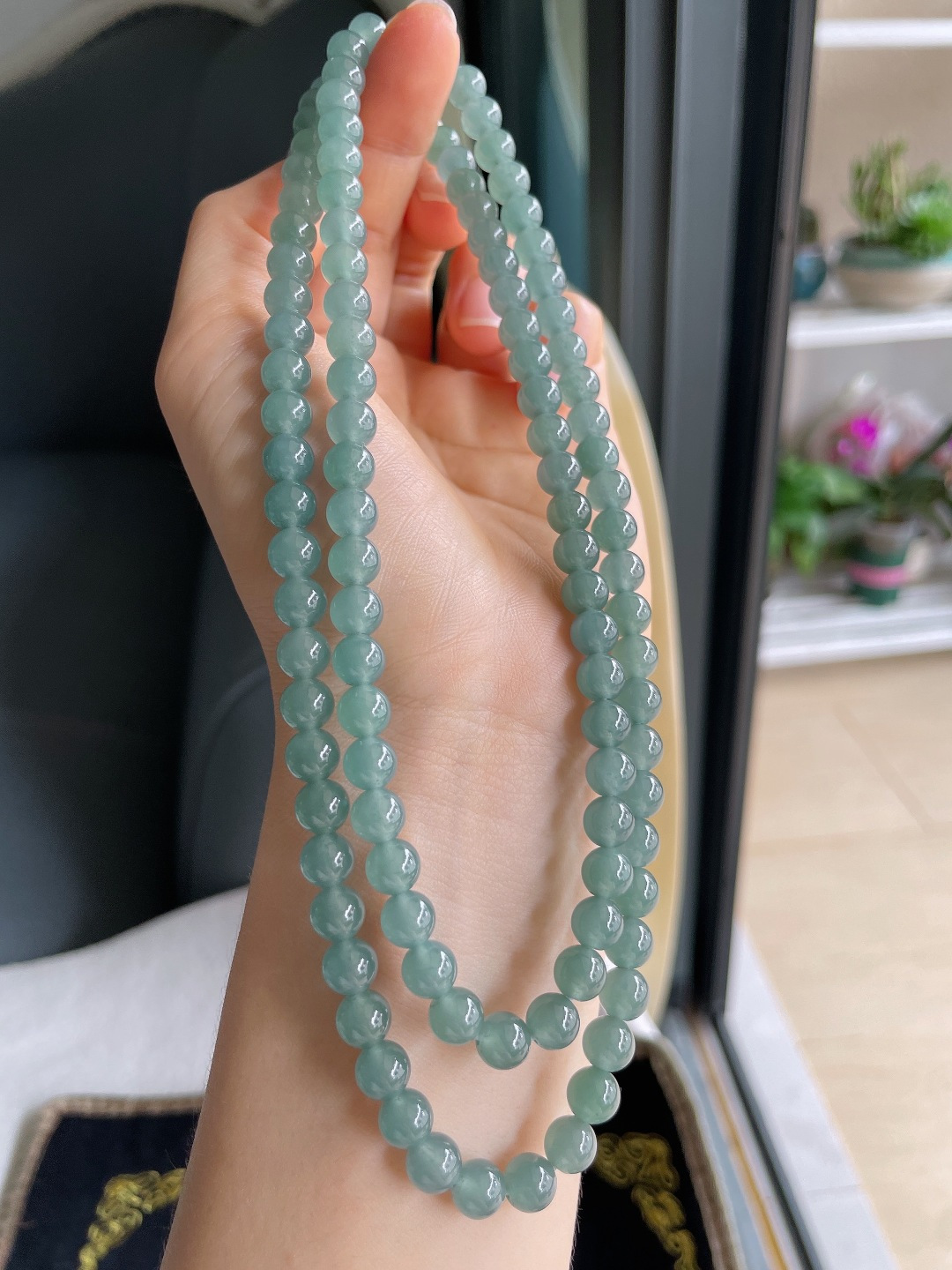 天然翡翠A货，冰蓝水珠链，尺寸：6.7mm108颗。【编785】